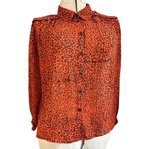 J. Jordan Women's Orange Black Leopard Print Sheer‎ Long Sleeve Blouse Size S